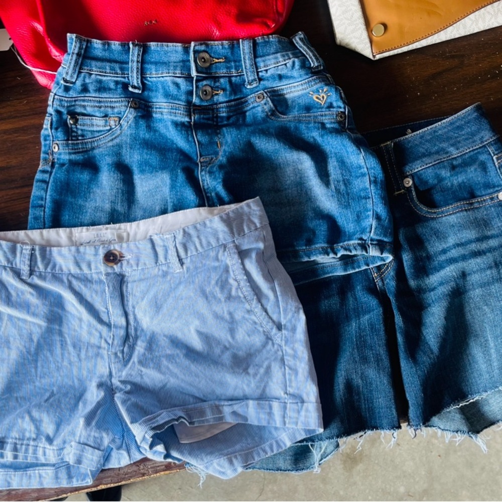 3 pairs of shorts - 2 denim, and 1 striped blue